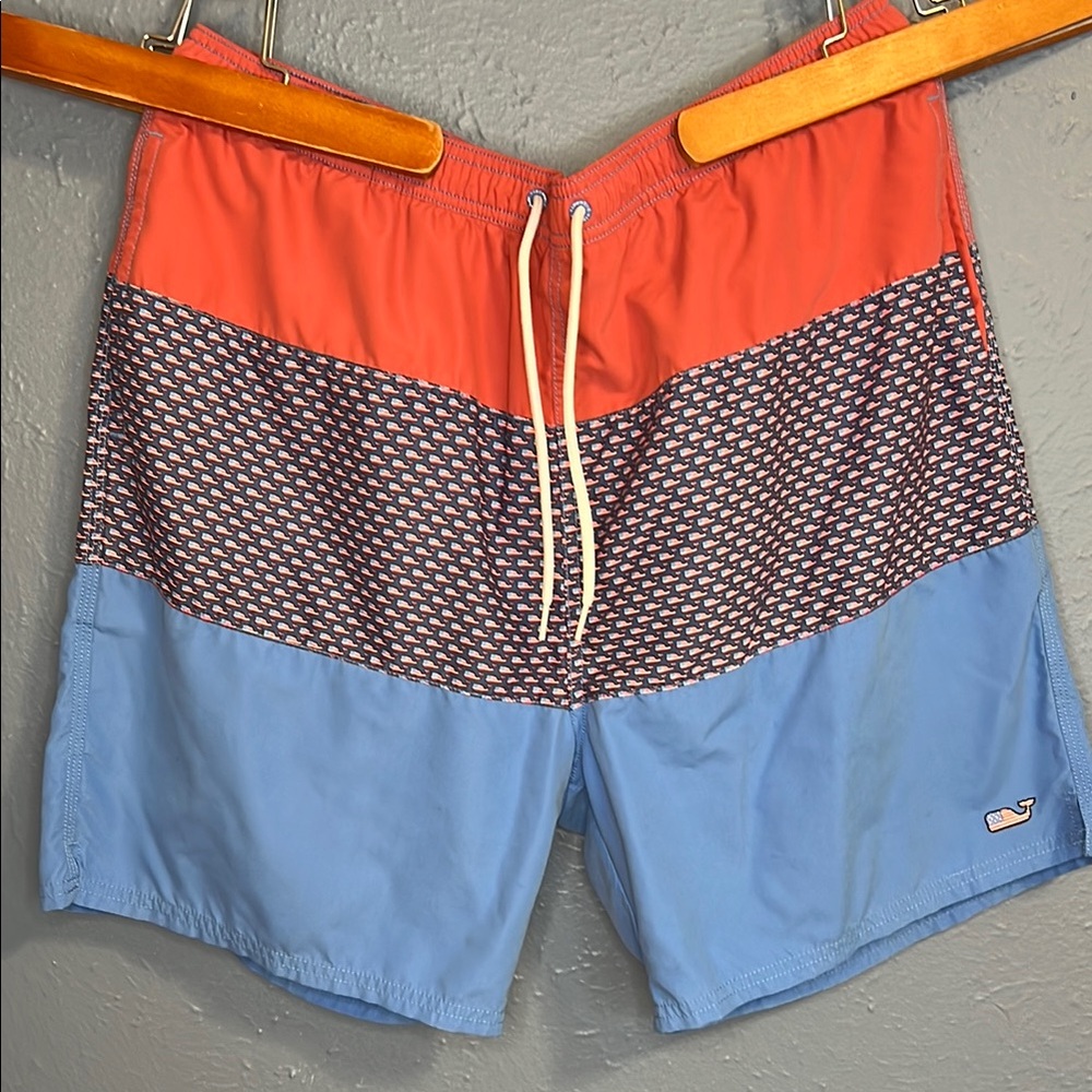 Vineyard Vines Swim Trunks Salmon and Blue Color Block